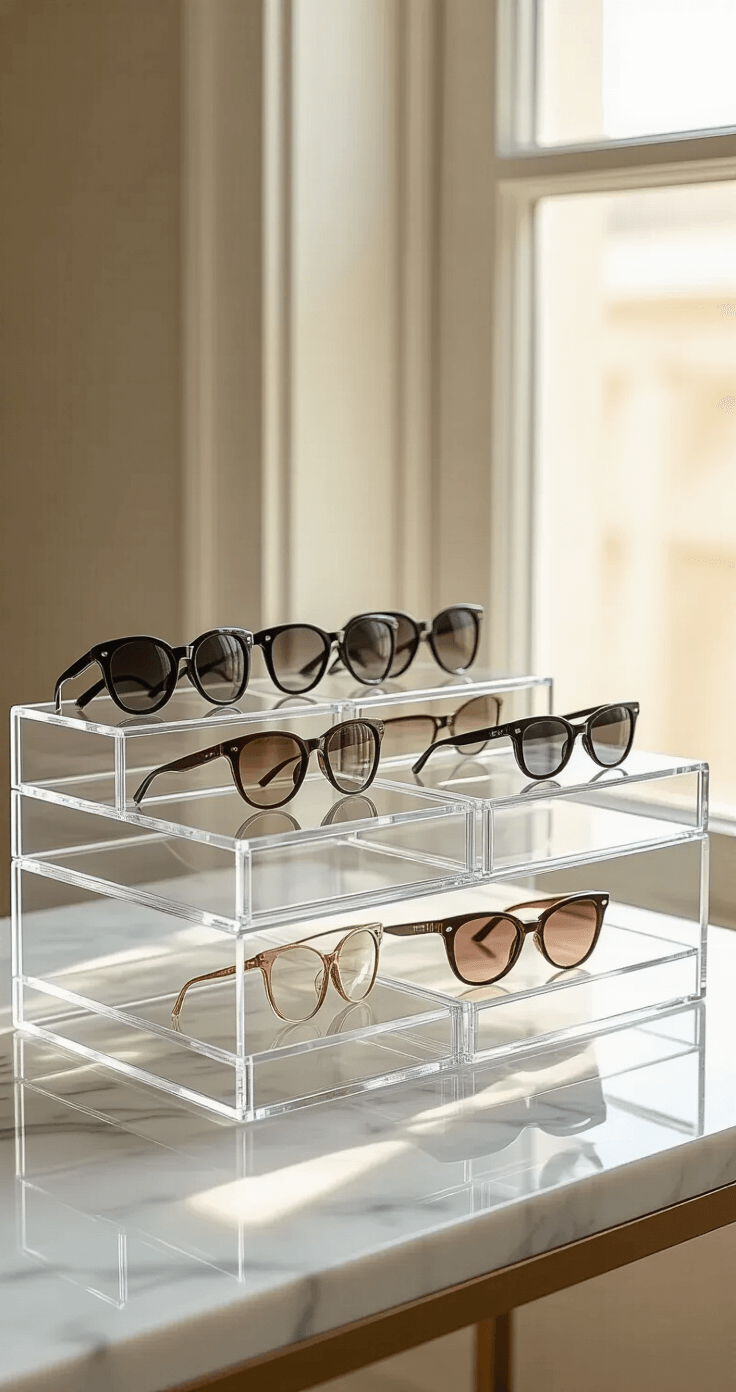 How I Finally Stopped Losing My Favorite Earrings (And Found Space I Didn't Know I Had) A minimalist sunglasses and accessories station with stackable clear acrylic organizers on a marble console table, displaying designer sunglasses in aligned rows, illuminated by soft natural light, highlighting the transparency and organization.