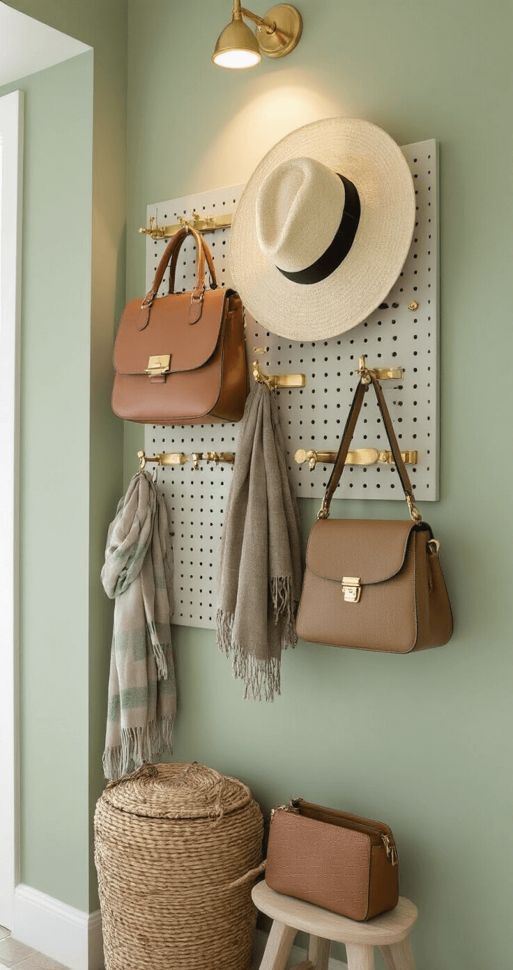 How I Finally Stopped Losing My Favorite Earrings (And Found Space I Didn't Know I Had) Compact apartment entryway featuring a sage green wall with a pegboard displaying structured handbags, wide-brimmed hats, and lightweight scarves, accented by brass hooks and soft natural linen texture, illuminated by strategic lighting for depth.