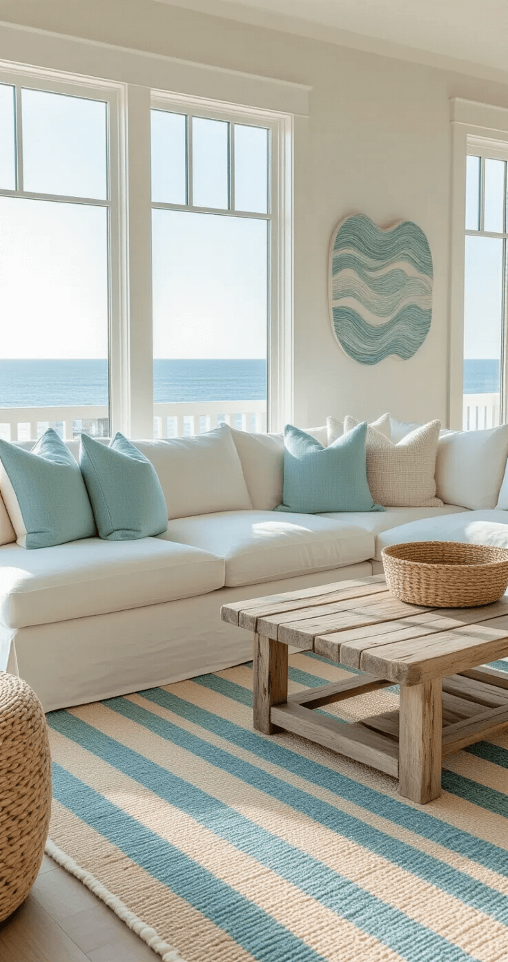 A sunlit coastal living room featuring a white linen sectional sofa on a soft blue and cream striped jute rug, with large windows showcasing ocean views, a driftwood coffee table, seafoam green and sandy beige throw pillows, a woven seagrass basket, and wave-patterned wall art.