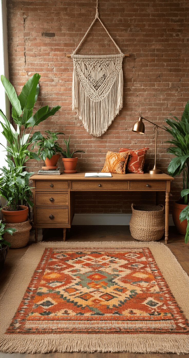 A cozy bohemian home office with natural jute and vibrant wool rugs, featuring a vintage wooden desk, macramé wall hanging, terracotta plant pots, and jewel-toned throw pillows, all set against an exposed brick wall. Brightly lit by warm golden hour light, the space is filled with large green plants and a brass desk lamp, creating an eclectic and inviting workspace.