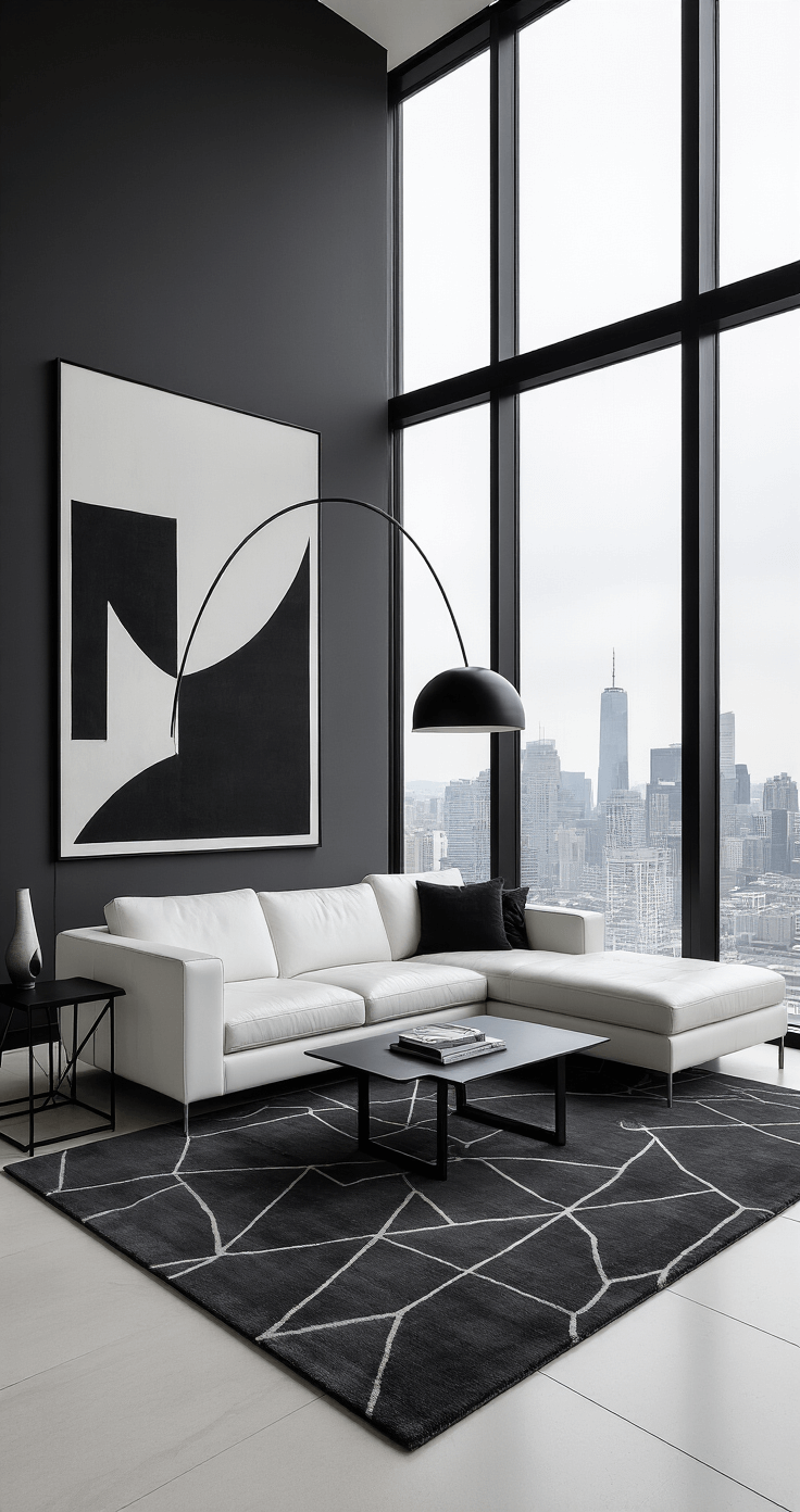 A modern minimalist living room featuring a bold charcoal gray geometric area rug under a sleek white leather sectional, accompanied by black metal side tables and abstract monochromatic artwork. A sculptural floor lamp stands beside large floor-to-ceiling windows offering a city skyline view, all accentuated by stark lighting that highlights the rug's graphic pattern and the room's architectural precision.