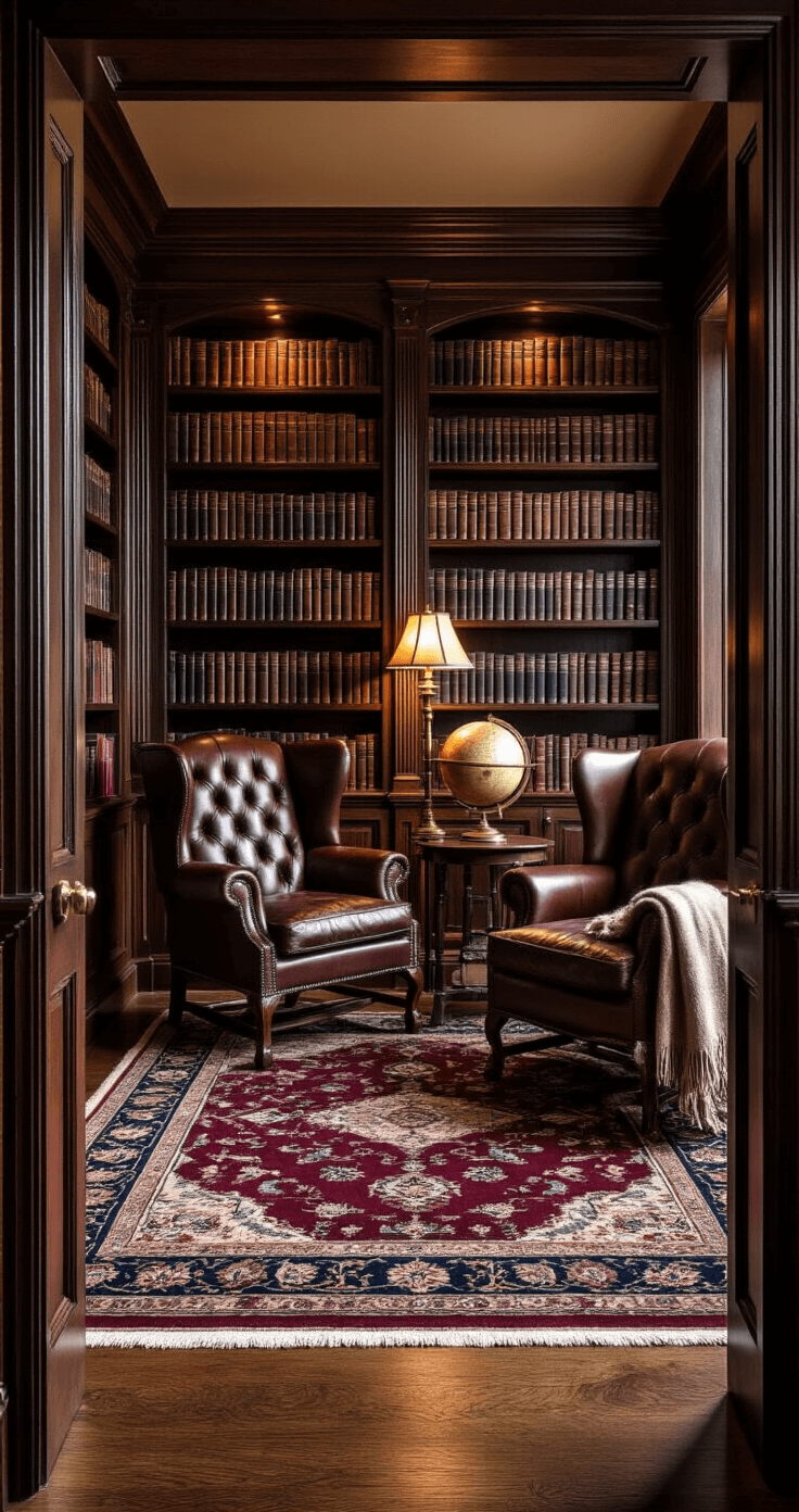 A traditional home library with dark wood bookshelves, leather wingback chairs, and a brass reading lamp, featuring a burgundy and navy Persian-style rug. The space is illuminated by warm amber light, showcasing leather-bound books and an antique globe, all viewed from an angled perspective at the doorway.