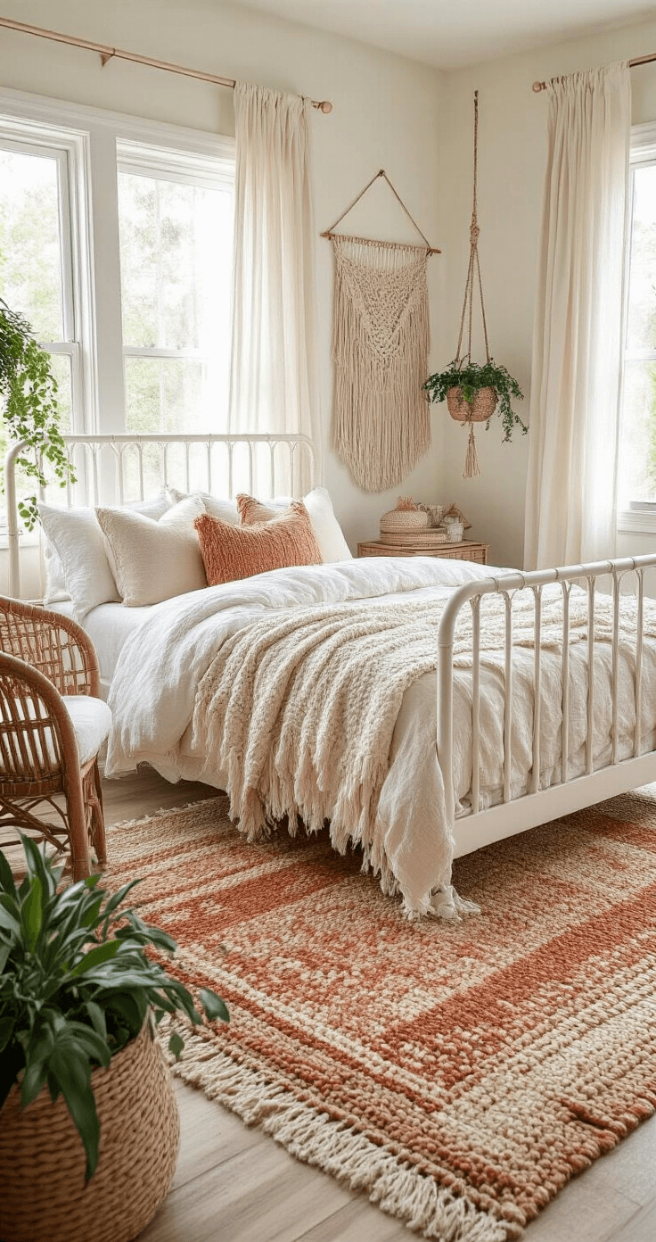 Boho-chic bedroom with layered textured rugs, white iron bed frame, macramé wall hanging, rattan chair, and soft morning light filtering through linen curtains.