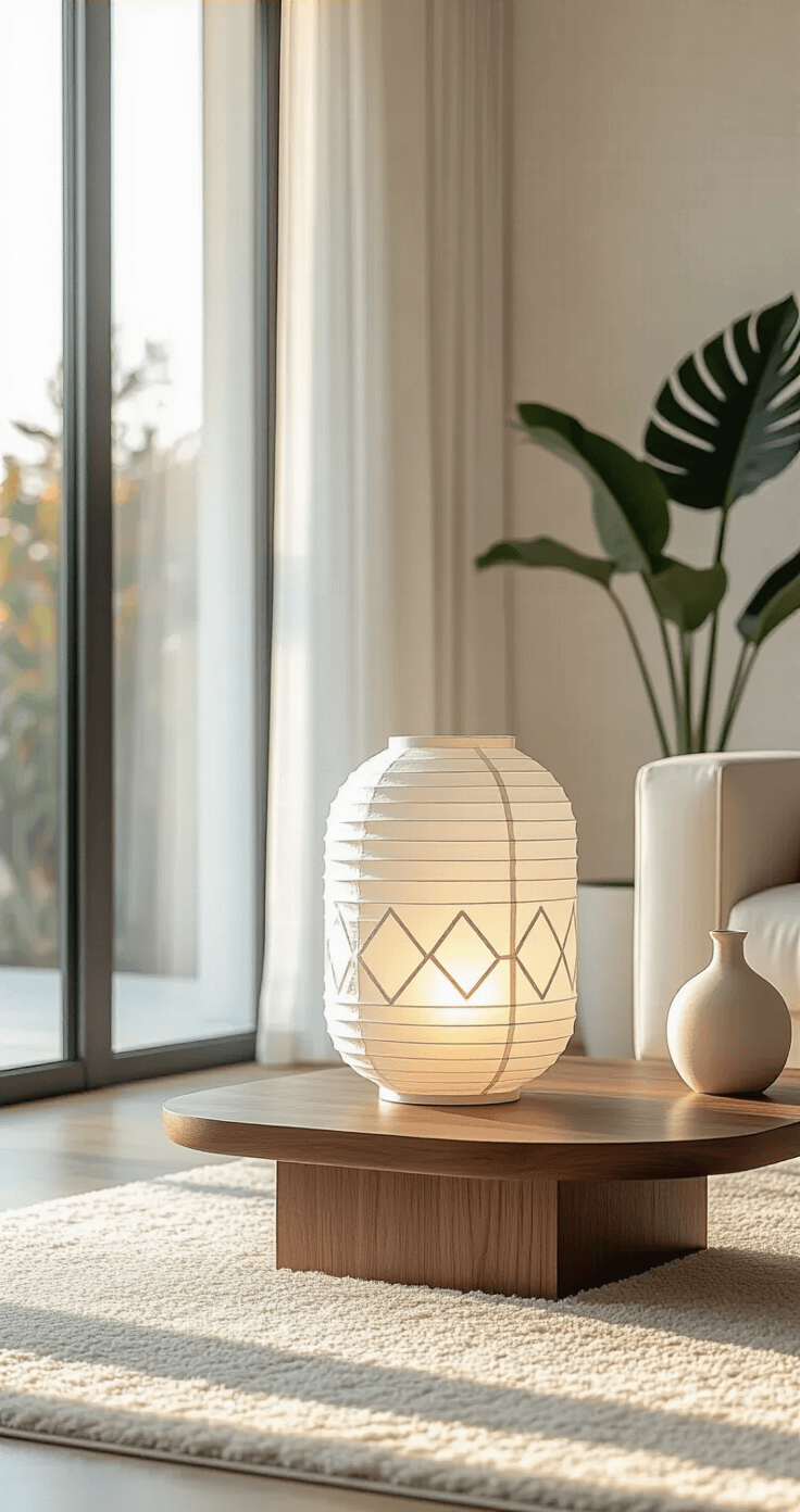 DIY Decorative Lanterns That'll Make Your Home Look Expensive (But Cost Almost Nothing) A contemporary minimalist living room at golden hour, featuring a white geometric paper lantern on a walnut side table, warm LED candle glow, and soft natural light casting shadows on a cream area rug, with floor-to-ceiling windows and sparse decor including a monstera plant and a ceramic vase.