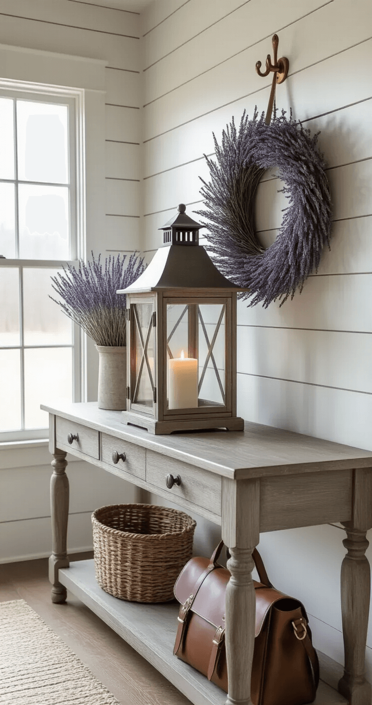 DIY Decorative Lanterns That'll Make Your Home Look Expensive (But Cost Almost Nothing) Rustic farmhouse entryway with a wooden lantern on an antique console table, dried lavender wreath, shiplap walls, vintage brass hook rail, and a worn leather messenger bag, illuminated by soft winter light.