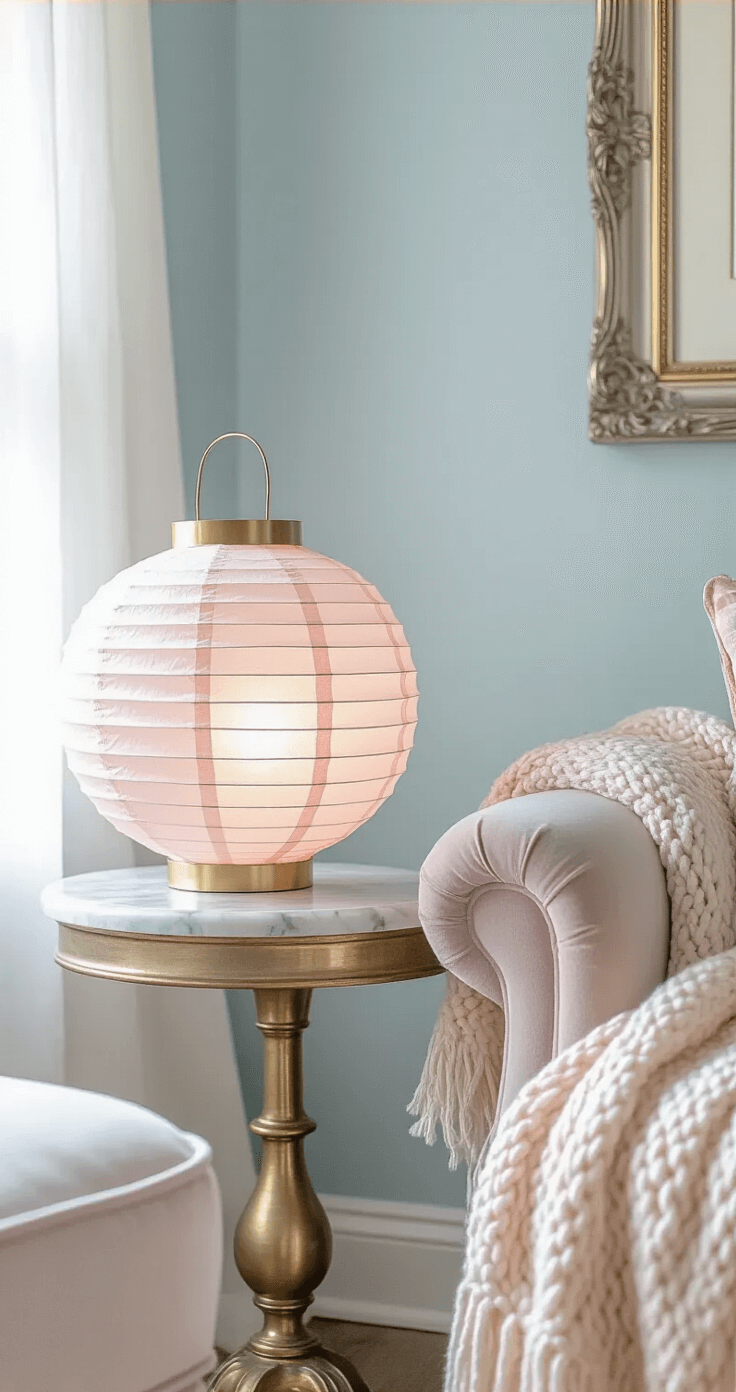 DIY Decorative Lanterns That'll Make Your Home Look Expensive (But Cost Almost Nothing) An intimate bedroom corner featuring a blush pink paper lantern on a vintage marble side table, a chunky knit throw on a velvet armchair, pale blue textured walls, a brass lamp base, and an antique silver frame, all softly lit by morning light through sheer linen curtains, highlighting the lantern's window cutouts and layered textures.