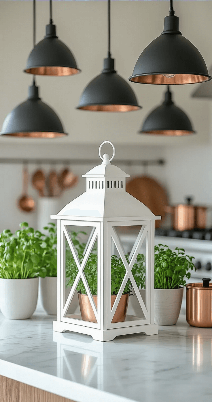 A modern kitchen workspace with a white wooden lantern on a marble island, matte black pendant lights above, copper utensils in the background, and potted herbs in ceramic planters; bright midday light highlights the lantern's geometric shape.