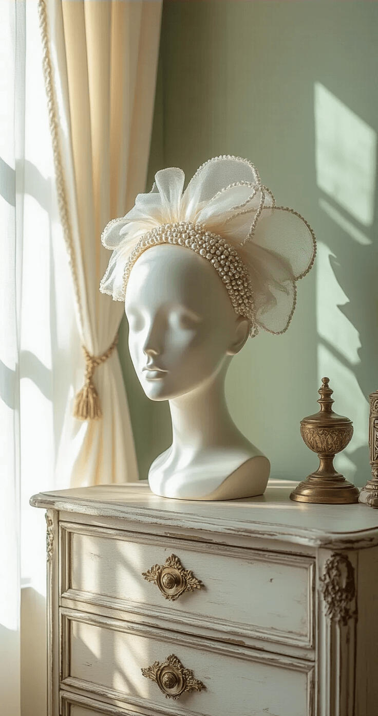 A sophisticated bedroom dresser captures soft morning light through sheer ivory curtains, showcasing a luxurious frosted mannequin head adorned with a vintage pearl-studded fascinator, set against muted sage green walls and distressed wood, with antique brass accessories arranged around the display, all photographed from a 45-degree overhead angle to highlight intricate details.