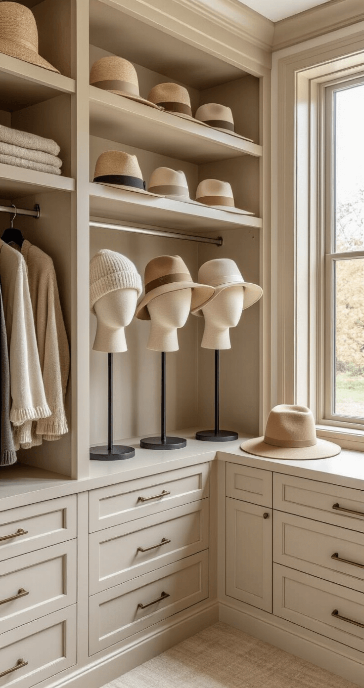 A meticulously organized closet featuring four adjustable linen mannequin head stands symmetrically displaying seasonal hats and fashion wigs, bathed in soft, diffused natural light, with a sleek custom wardrobe and carefully curated accessories in warm taupe and cream tones.