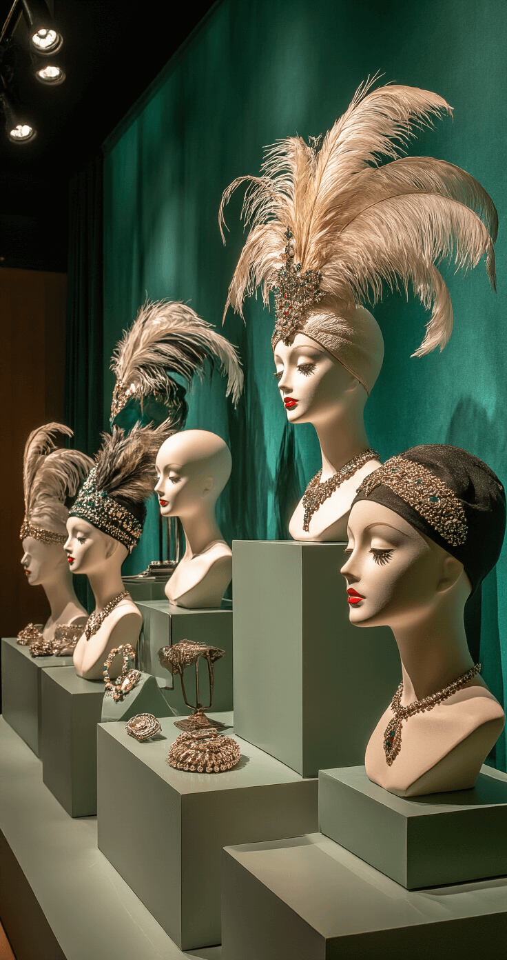 A dramatic museum-quality display showcasing a vintage and costume headwear collection on frosted mannequin heads, featuring Art Deco era pieces with intricate feathered and beaded designs against a deep emerald green backdrop, with precision spotlighting accentuating textures and vintage jewelry.