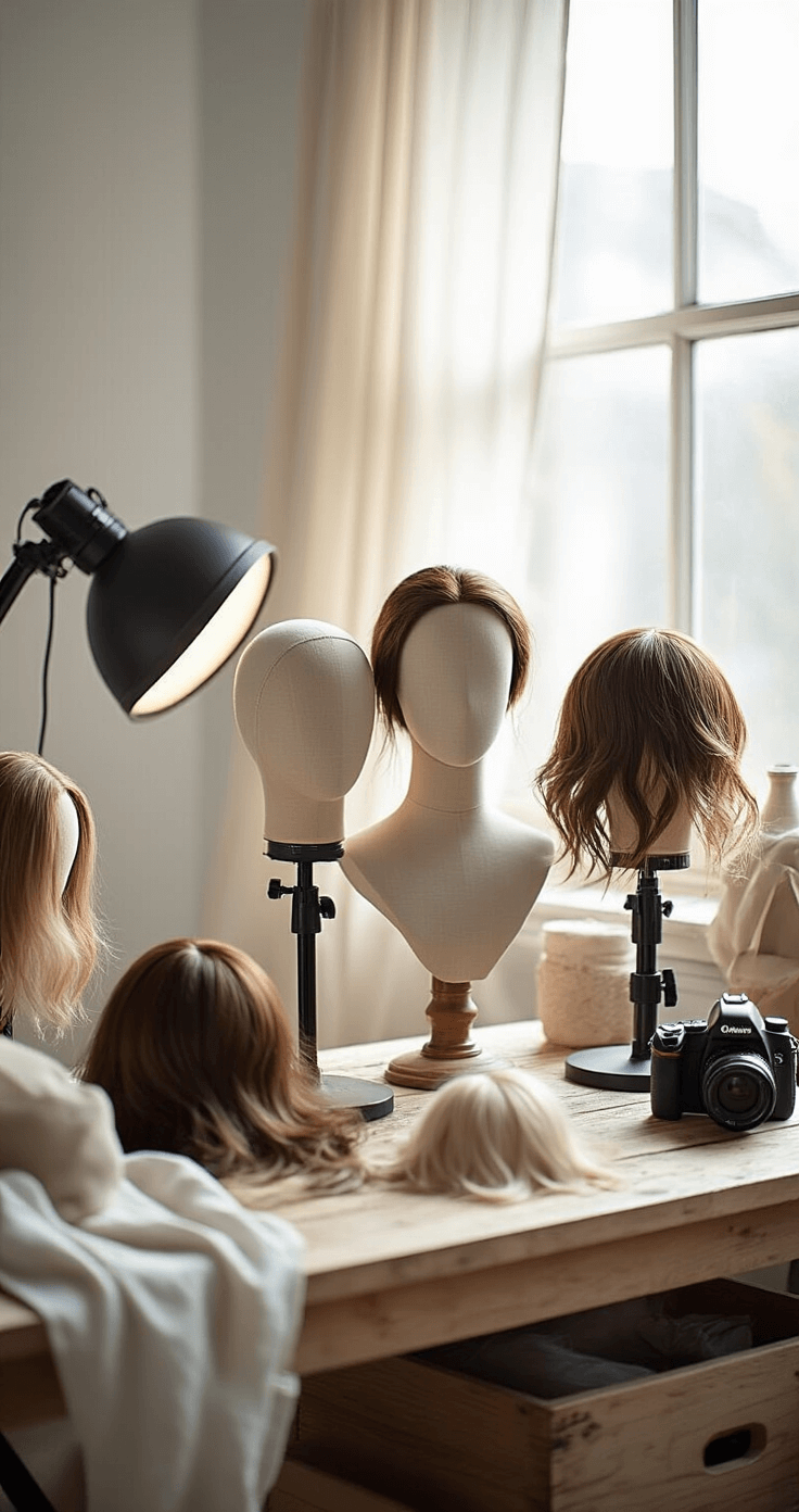 Intimate styling station with adjustable linen mannequin heads and meticulously arranged wigs, set against a rustic wooden workspace, bathed in soft natural daylight, with subtle photography equipment in a neutral palette of warm grays and soft whites.