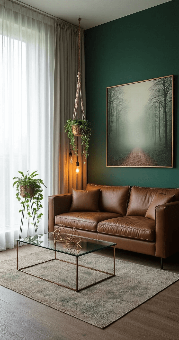 A cozy studio living space featuring rich emerald green walls, sheer ceiling-height curtains, a low-profile leather sofa, and a landscape canvas depicting a misty forest. The room is illuminated with vintage and warm lighting, decorated with a macramé plant holder, a floating glass coffee table with brass accents, and a vintage world map as an accent piece, all creating a mysterious, inviting atmosphere.