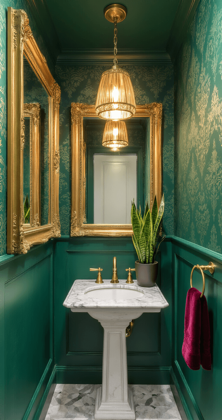 A luxurious tiny powder room featuring deep emerald green walls with damask wallpaper, floor-to-ceiling vintage mirrors, a marble pedestal sink with brass fixtures, a warm-toned pendant light, LED strip lighting for an ethereal glow, a potted snake plant, and a rich burgundy velvet hand towel, all captured to emphasize reflective textures and light.