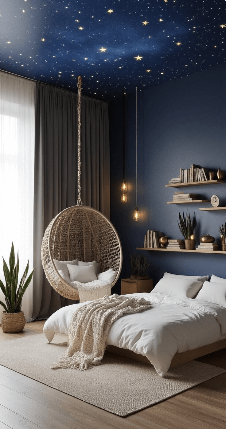 A cozy rental bedroom featuring a midnight blue celestial-themed ceiling with glow-in-the-dark stars, soft charcoal floor-to-ceiling curtains, an oversized hanging chair with an ivory throw, floating shelves with vintage books and brass decor, warm string lights, snake plants and succulents, and a low-profile wooden bed frame with white linens, all illuminated by soft morning light.