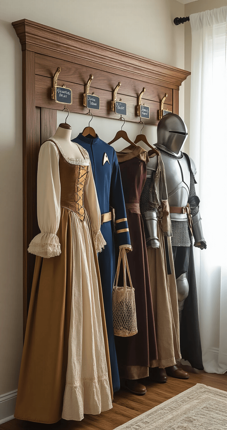 A well-organized costume storage wall with a walnut-stained wooden board and six antique brass hooks, displaying a Renaissance dress, a Star Trek uniform, and a medieval knight's ensemble, all bathed in soft natural light with chalkboard tags and mesh accessory bags.
