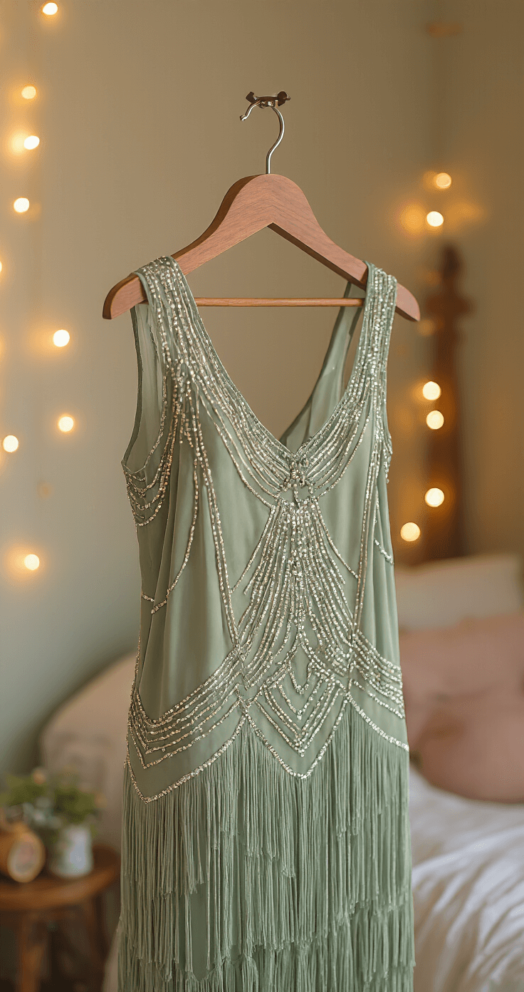 A cozy corner of a cosplay enthusiast's bedroom featuring a sage green hardwood display hanger adorned with Art Deco graphics, showcasing a delicate 1920s flapper dress. Soft ambient lighting enhances the warm, nostalgic atmosphere, while the elegant silhouette of the dress is highlighted against a blurred personal space background.
