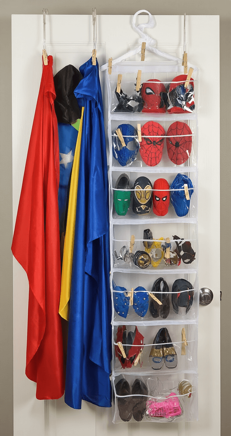 A vertical costume organization system on the back of a bedroom door, featuring modified heavy-duty plastic hangers with notches, twist ties, and hot-glued clothespins holding superhero capes and accessories, alongside a clear shoe organizer for smaller items, all under crisp lighting.