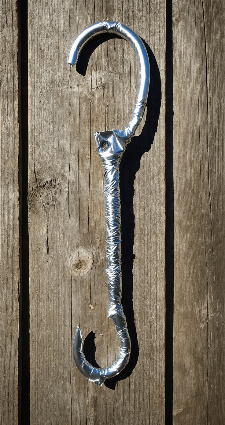 A custom pirate-themed hook made from a melted plastic hanger wrapped in silver duct tape, featuring a halved plastic cup as an ergonomic handle, displayed against a weathered wooden surface with dramatic side lighting casting sharp shadows, showcasing its DIY craftsmanship.