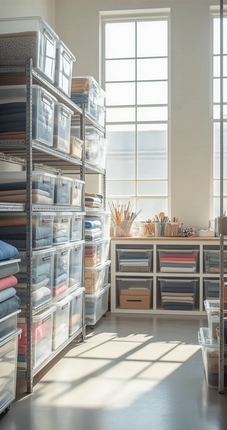 Ultra-detailed photorealistic image of a craft organization workspace featuring clear storage containers on industrial shelving, color-coded fabric bins, and folded textiles, all illuminated by natural light through large windows, showcasing a minimalist and organized aesthetic.