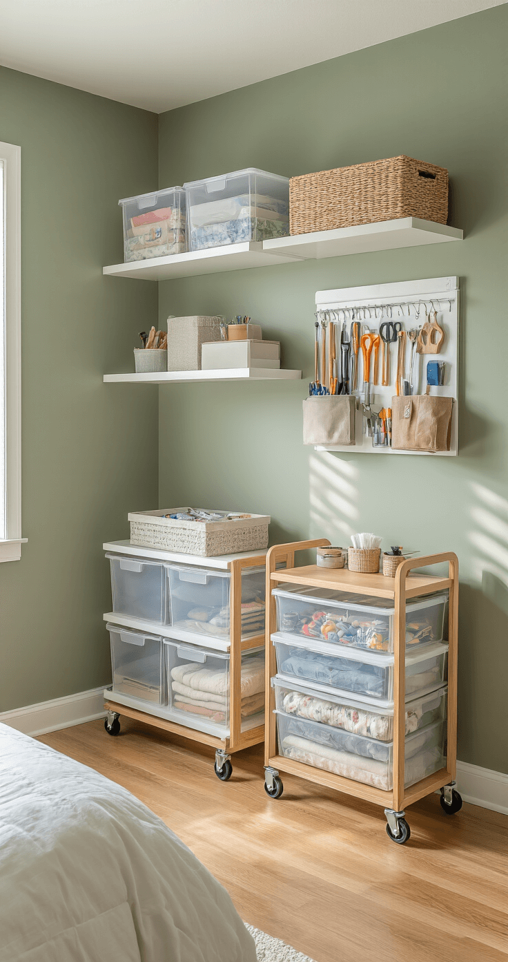 A modern minimalist bedroom corner featuring muted sage green walls, white floating shelves with clear storage boxes, a rolling cart with craft supplies, and an over-door organizer with tools, all captured in warm golden hour light to highlight the organized vertical space and architectural composition.