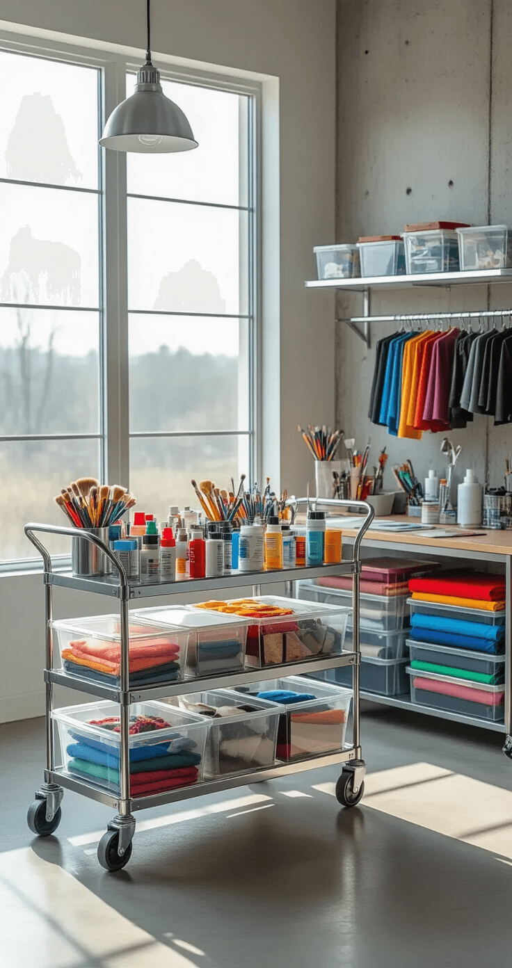 A well-organized professional cosplay crafting workspace featuring a metallic silver rolling cart filled with painting supplies, adjacent clear containers with color-coded fabrics, and bright natural light from large windows.