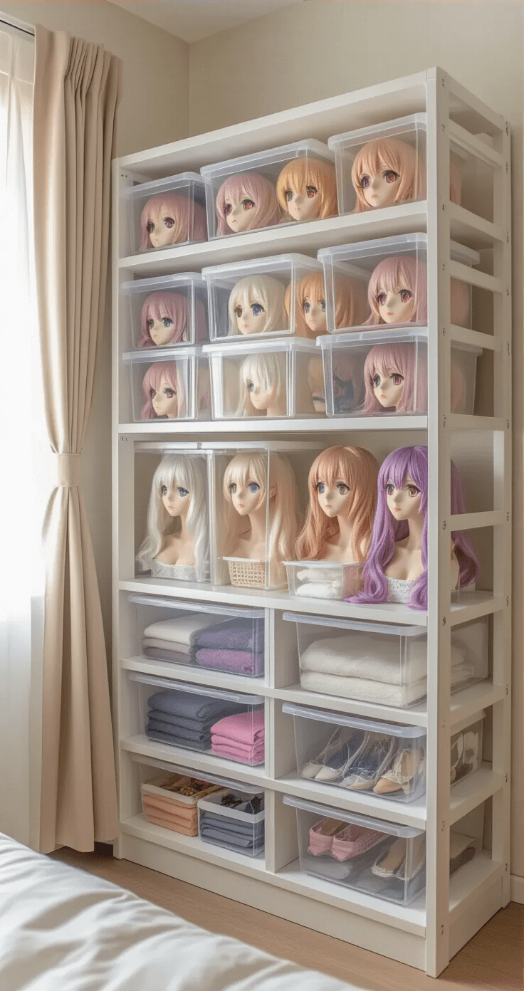A compact bedroom featuring a wall-mounted shelving system in soft white, filled with transparent stackable boxes of organized wigs by color and style, alongside under-bed rolling storage for fabric collections. Accessories are neatly arranged in drawer organizers, illuminated by warm natural light filtering through sheer curtains. The space showcases minimalist styling and efficient use of limited space, captured with professional photography techniques highlighting soft shadows and precise composition.