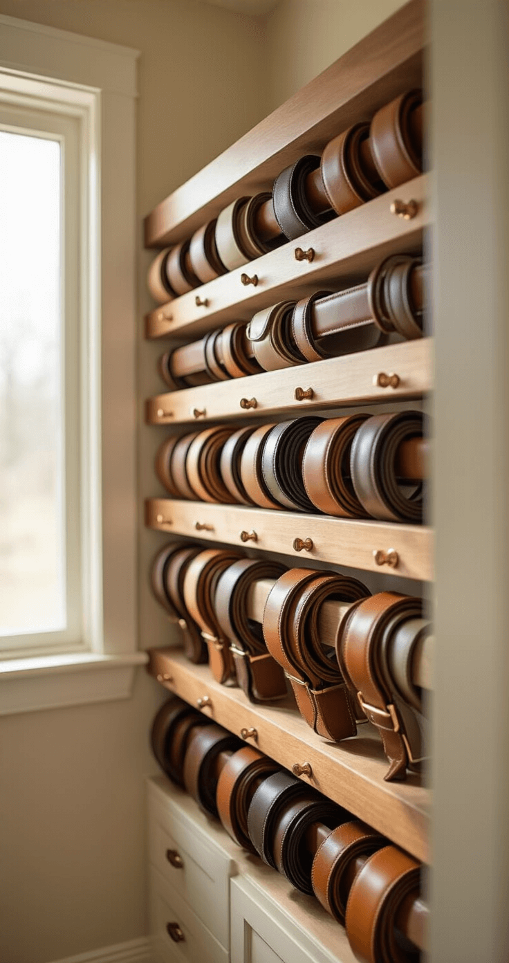 A wide-angle view of an organized closet with a custom wooden belt rack in rich walnut finish, showcasing leather and canvas belts arranged by color gradient in soft morning light filtering through frosted windows. The minimalist design features clean white walls and warm neutral tones, emphasizing the meticulous organization and artistry of each belt.