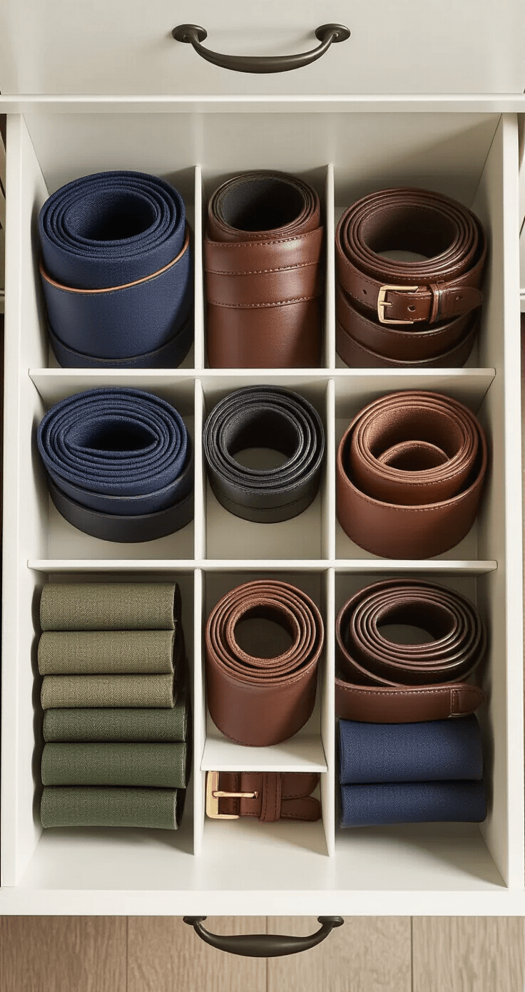 A top-down view of an organized dresser drawer showcasing neatly rolled fabric and leather belts secured with elastic bands, arranged in geometric compartments with white dividers. The belts stand upright in a muted color palette of navy, brown, and forest green, highlighting their textures under soft diffused lighting.