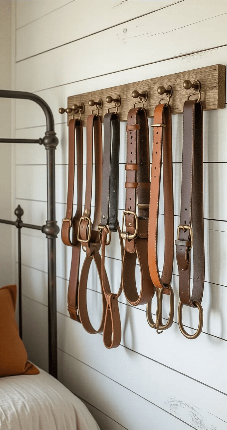 Rustic DIY belt storage solution featuring a vintage wooden towel bar on a distressed white plank wall, holding leather and fabric belts with antique brass hooks, illuminated by natural morning light, with a wrought iron bed frame in the background and a warm terracotta and sage green color palette.