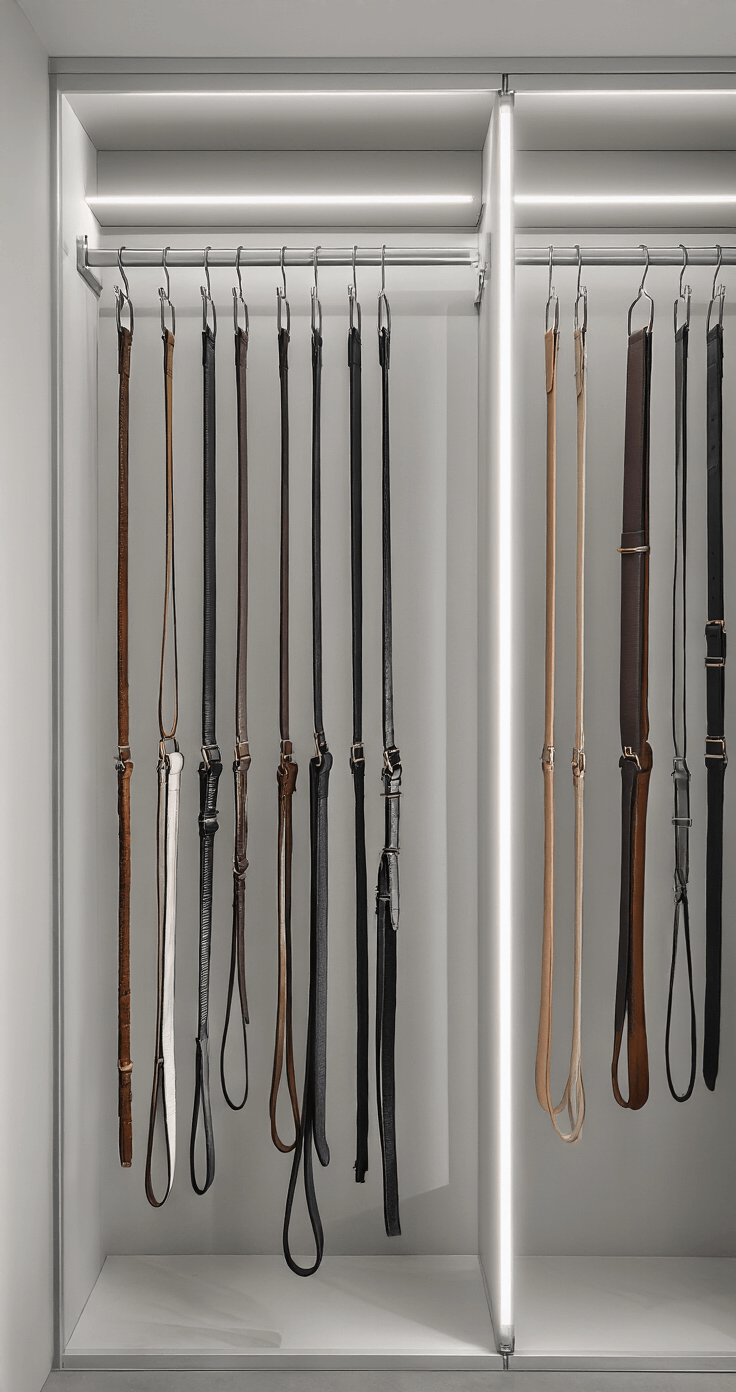 Minimalist walk-in closet featuring a slide-out belt organizing system with telescopic rack, sleek brushed aluminum slides, and color-coordinated belts hanging at varying heights against soft grey walls, illuminated by dramatic side lighting.