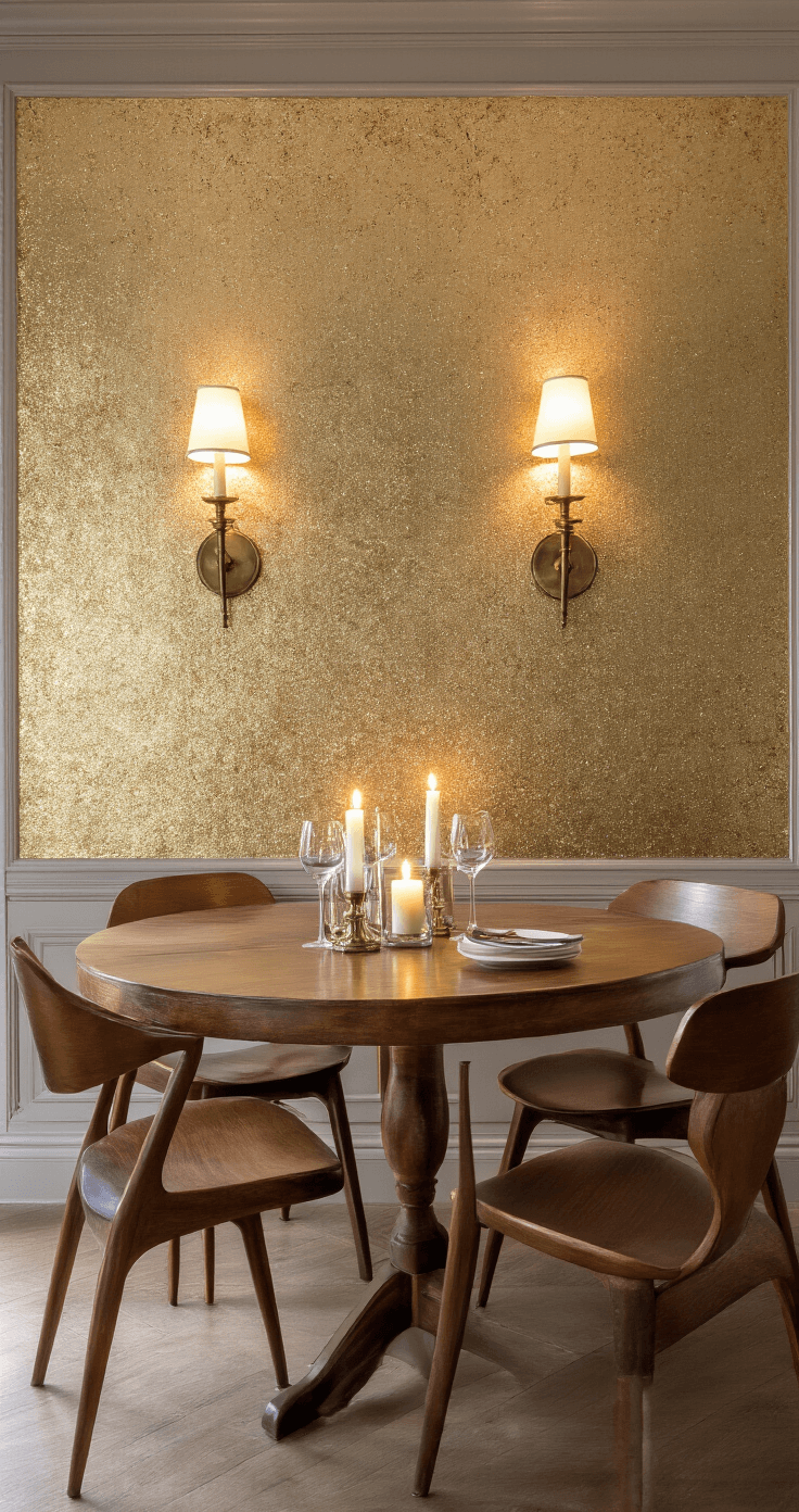 How I Transformed My Boring Wall Into a Glittering Masterpiece (And Why You Should Too) Elegant dining room with a gold glitter accent wall over a warm taupe base, illuminated by antique brass sconces, featuring a vintage wooden dining table with mid-century modern chairs, soft candlelight enhancing the luxurious atmosphere.
