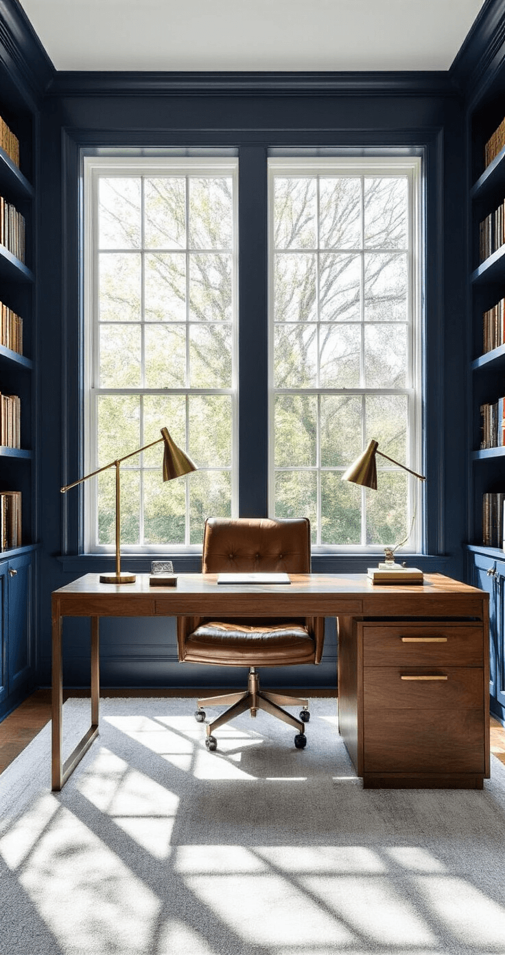 How I Transformed My Boring Wall Into a Glittering Masterpiece (And Why You Should Too) Sophisticated home office with navy blue glittered wall, asymmetrical mid-century modern wooden desk, leather executive chair, minimal brass accessories, and large windows casting intricate shadows.