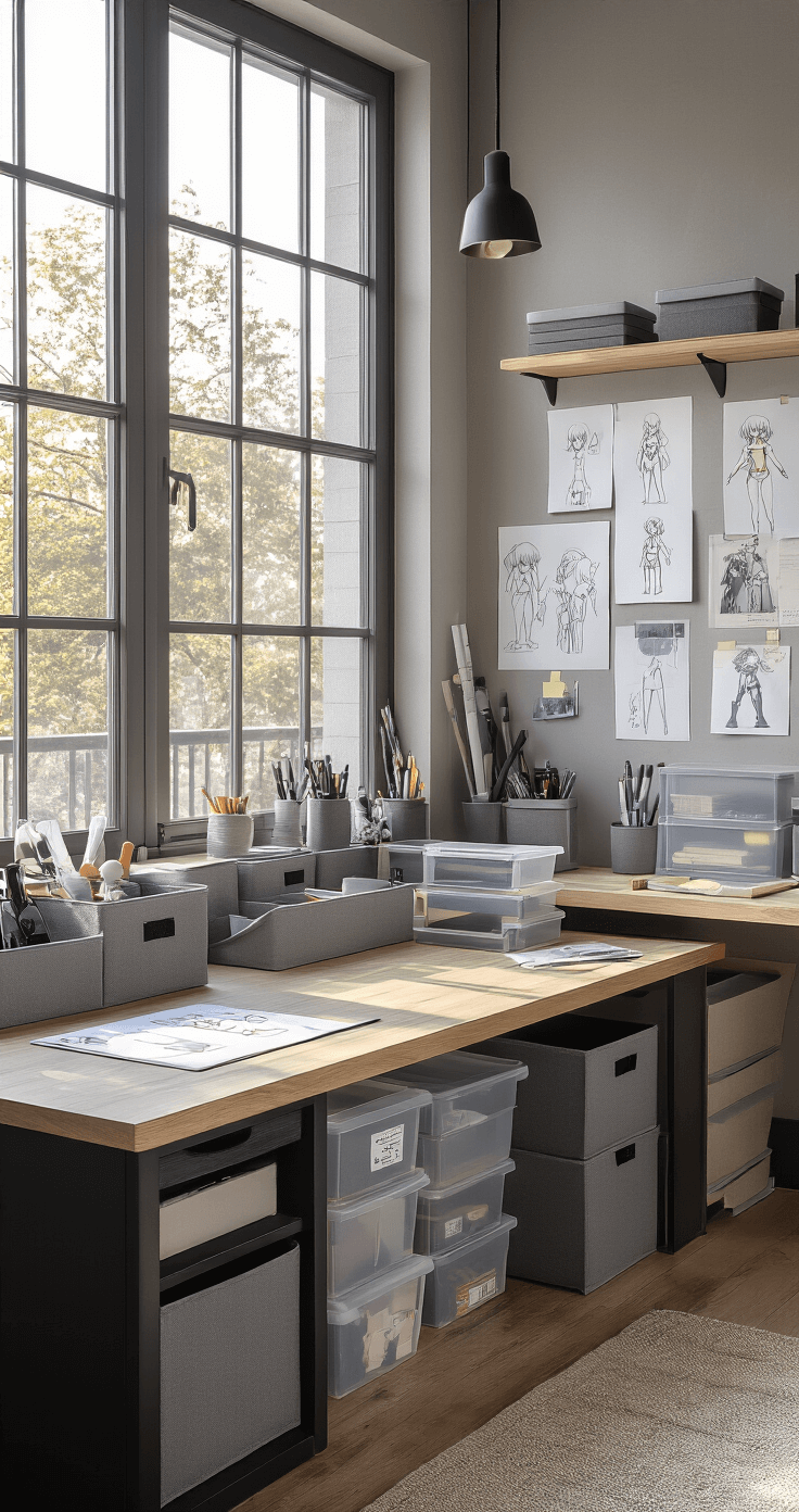 DIY Desk Organizers for Cosplay Tools: My Battle-Tested Storage System A bright, ultra-realistic cosplay workspace featuring an L-shaped desk with muted gray storage cubes and organization containers, bathed in soft natural light from large windows; scattered sketches and reference images adorn the wall, captured in high-resolution with a focus on intricate details and a minimalist industrial aesthetic.