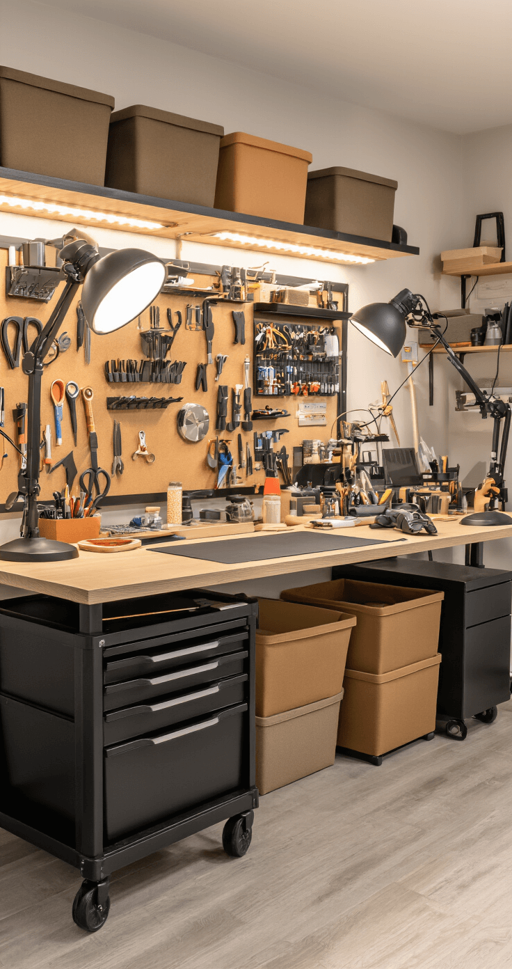 DIY Desk Organizers for Cosplay Tools: My Battle-Tested Storage System A meticulously organized cosplay crafting station featuring a spacious work surface, adjustable LED task lights for precision lighting, a black rolling tool cart beneath the desk, and fabric storage cubes in warm earth tones. The professional photography perspective highlights the detailed arrangement of tools and custom foamcore drawer dividers, with soft shadows accentuating the textural elements of the crafting materials in a clean, modern workspace.