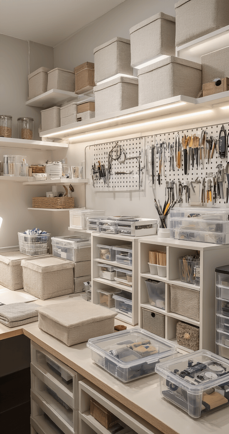 DIY Desk Organizers for Cosplay Tools: My Battle-Tested Storage System A cozy and organized cosplay crafting corner featuring natural light, a modular storage system with fabric cubes in neutral tones, clear plastic containers arranged meticulously, floating shelves holding ongoing project materials, and a macro view showcasing well-organized tools, all enhanced by soft ambient lighting for a welcoming and aesthetically pleasing workspace.