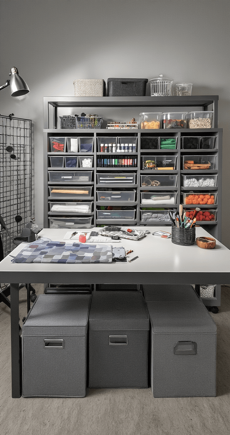 DIY Desk Organizers for Cosplay Tools: My Battle-Tested Storage System A well-organized cosplay crafting workspace featuring an expansive desk, gray fabric storage cubes, transparent containers with color-coded supplies, and professional studio lighting that casts dramatic shadows, highlighting the minimalist design and intricate tool arrangements.