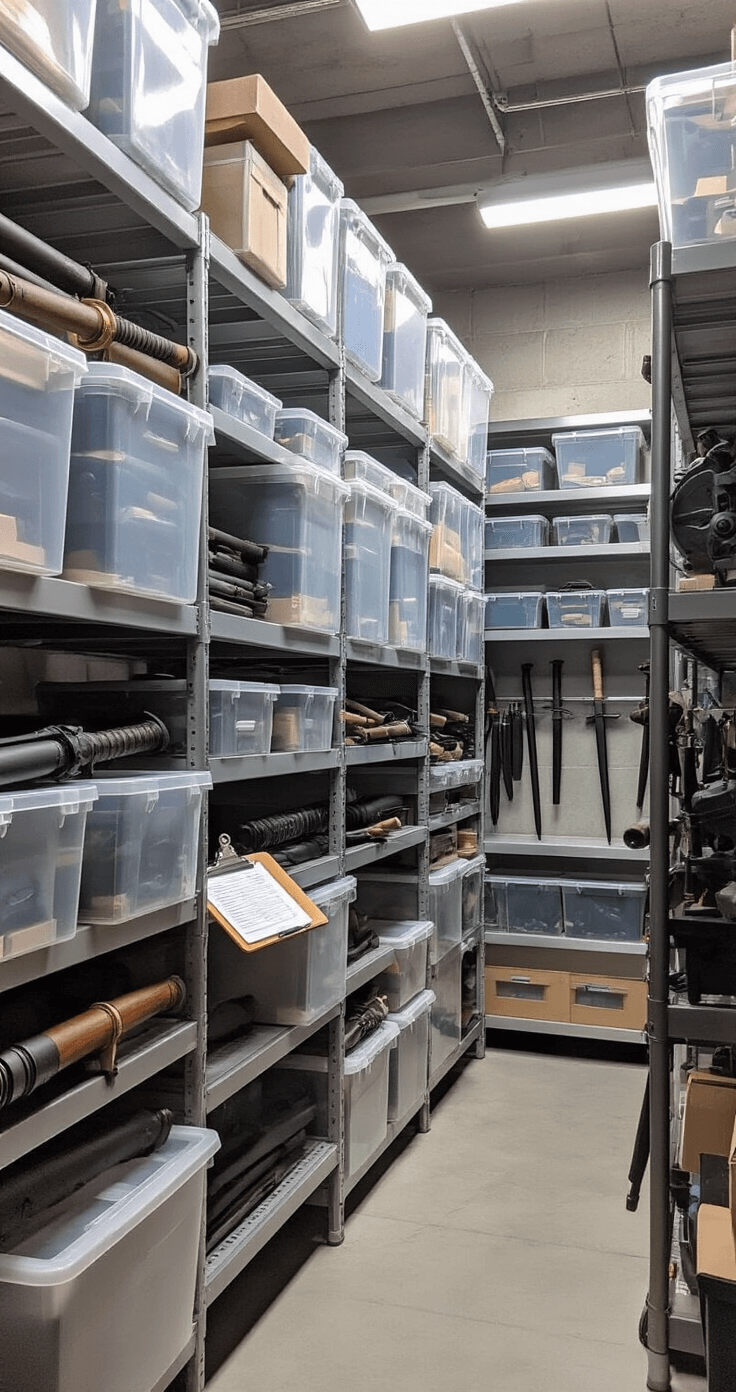 A neatly organized backstage props storage area featuring clear plastic containers on industrial shelving, displaying foam weapons, replica swords, and cosplay accessories arranged by size and type. Soft diffused overhead lighting creates shadows, highlighting material textures. A clipboard with an inventory list is visible in the foreground against neutral concrete walls and stainless steel shelving, with a cool color palette suggesting methodical organization and precise focus on weapon details.