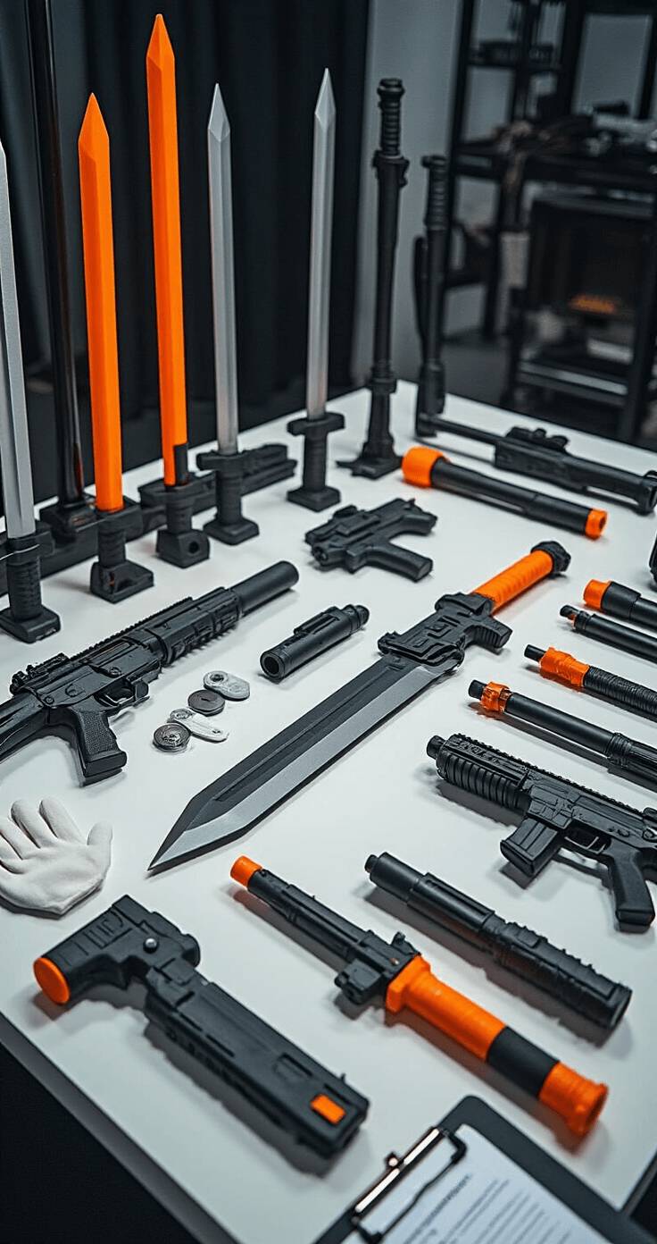 A convention security inspection station displaying various prop weapons, including foam swords, replica sci-fi blasters, and cosplay staffs, arranged for examination under bright overhead lights. The scene features orange safety tips, professional measuring tools, white gloves, and a clipboard in the foreground, all set against a clean white background that enhances the clinical atmosphere. Hyper-detailed textures highlight the foam construction and flexible plastics of the props, with cinematic lighting accentuating safety protocol elements.