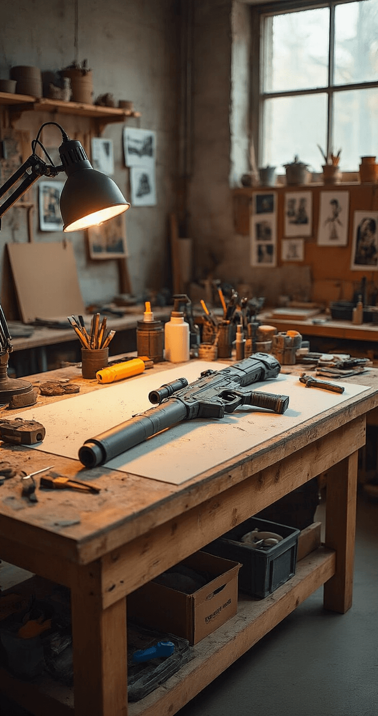 Interior of a cosplay workshop showcasing the prop weapon construction process, featuring EVA foam sheets, Worbla thermoplastic, and PVC pipes on a large crafting table, with natural side lighting accentuating material textures and tools like heat guns; unfinished weapon components are displayed in various stages of development in a concrete industrial workspace with a wooden workbench and reference images pinned on the wall, illuminated by warm amber lighting that enhances depth and detail.