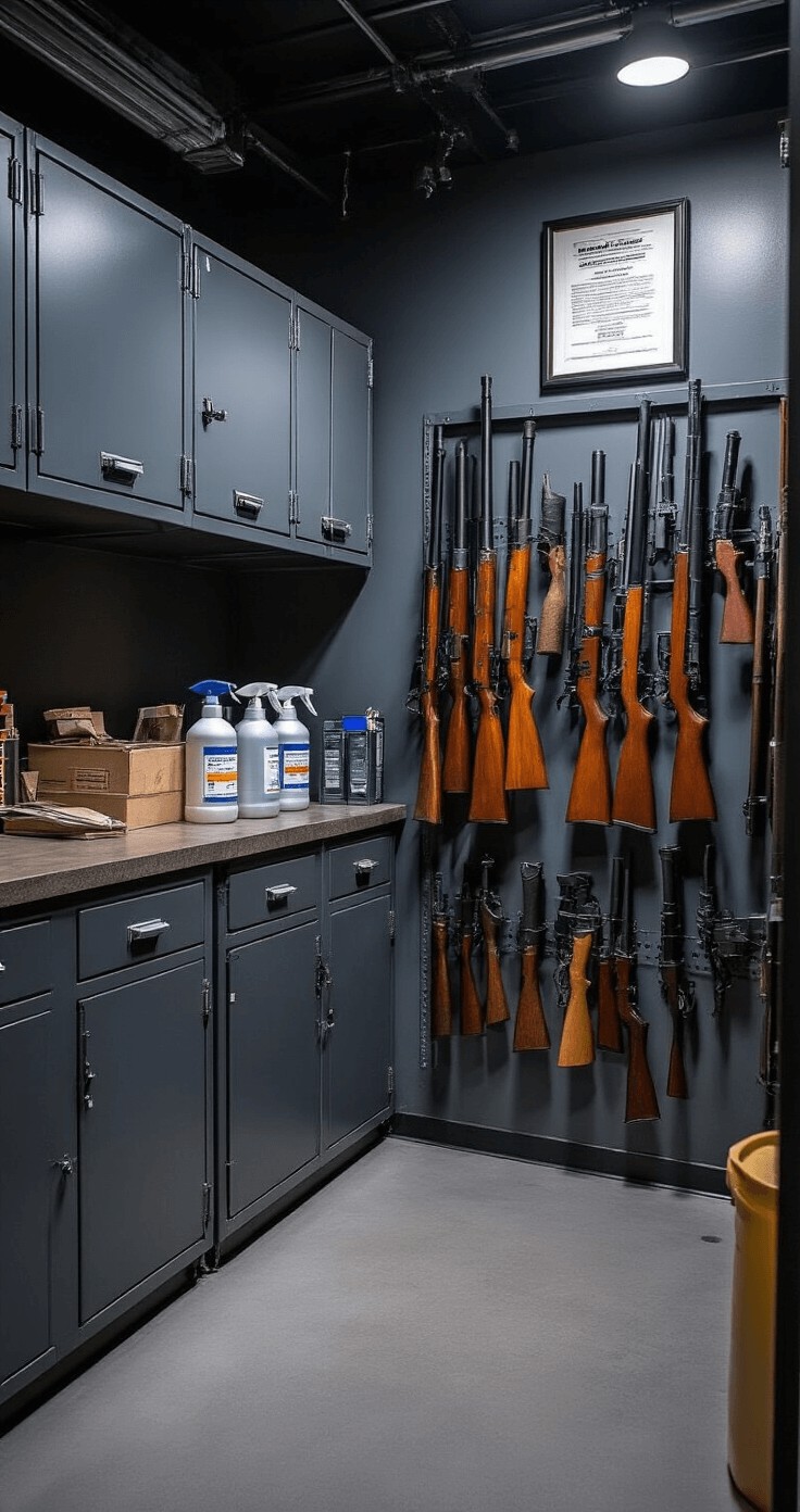 A well-organized theater backstage prop storage area featuring locked metal cabinets, a clear inventory tracking system, and flame retardant spray bottles. Safety certification documents are framed on the wall, with soft lighting casting dramatic shadows. Prop weapons are carefully mounted on padded wall racks within a cool industrial color palette of grays and deep blues, showcasing a wide-angle view of the entire storage system.
