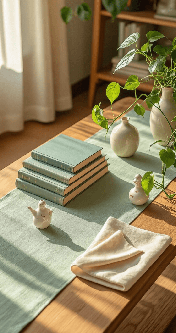 A cozy coffee table scene inspired by Studio Ghibli, featuring a soft sage green runner, asymmetrically stacked vintage books with sky blue spines, delicate ceramic figurines amidst trailing pothos plants, and an artfully folded warm cream linen napkin, all bathed in warm natural light during golden hour, captured from a 45-degree overhead angle with a shallow depth of field in a mid-century modern living room.