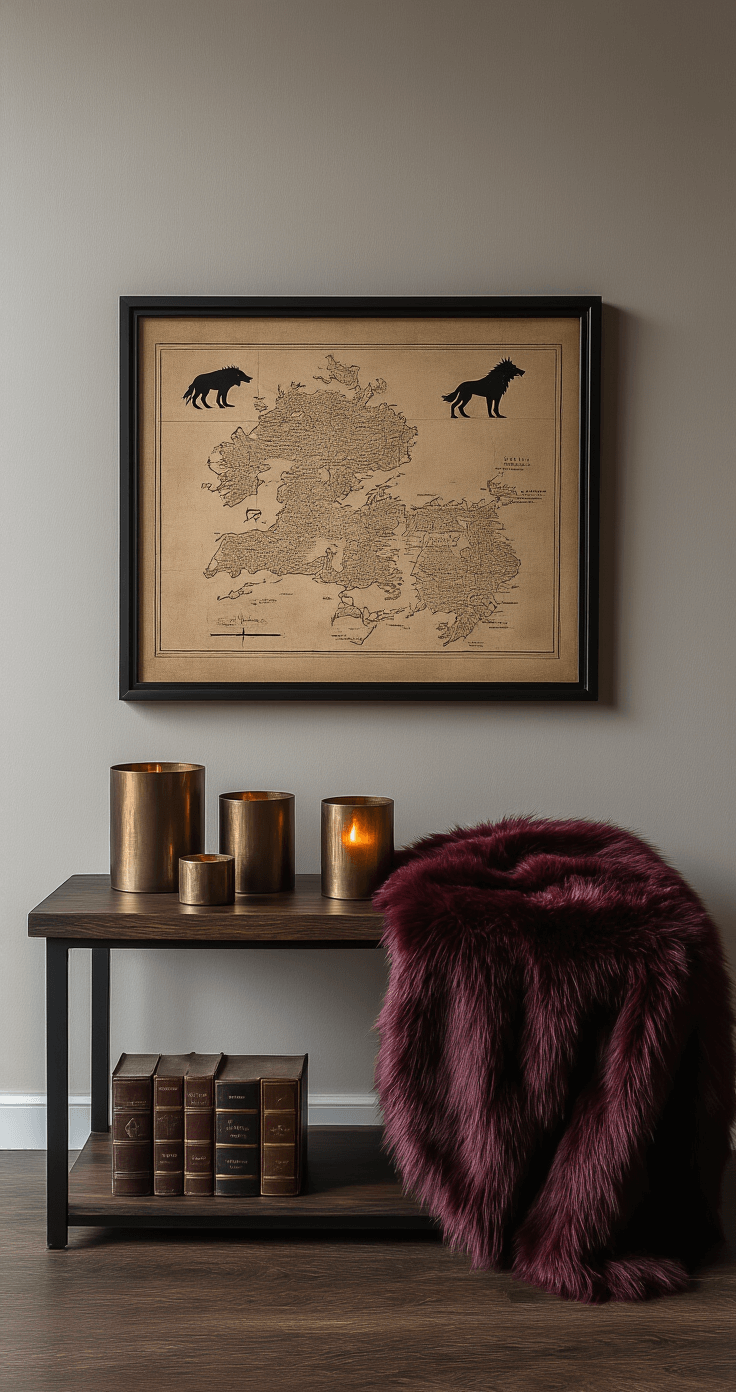 A minimalist Game of Thrones-themed side table featuring rich burgundy and deep charcoal textures, a faux fur throw, antique bronze wolf silhouette bookends, a framed vintage map of Westeros, and warm metallic candle holders, all set against a deep wood grain surface with moody side lighting.