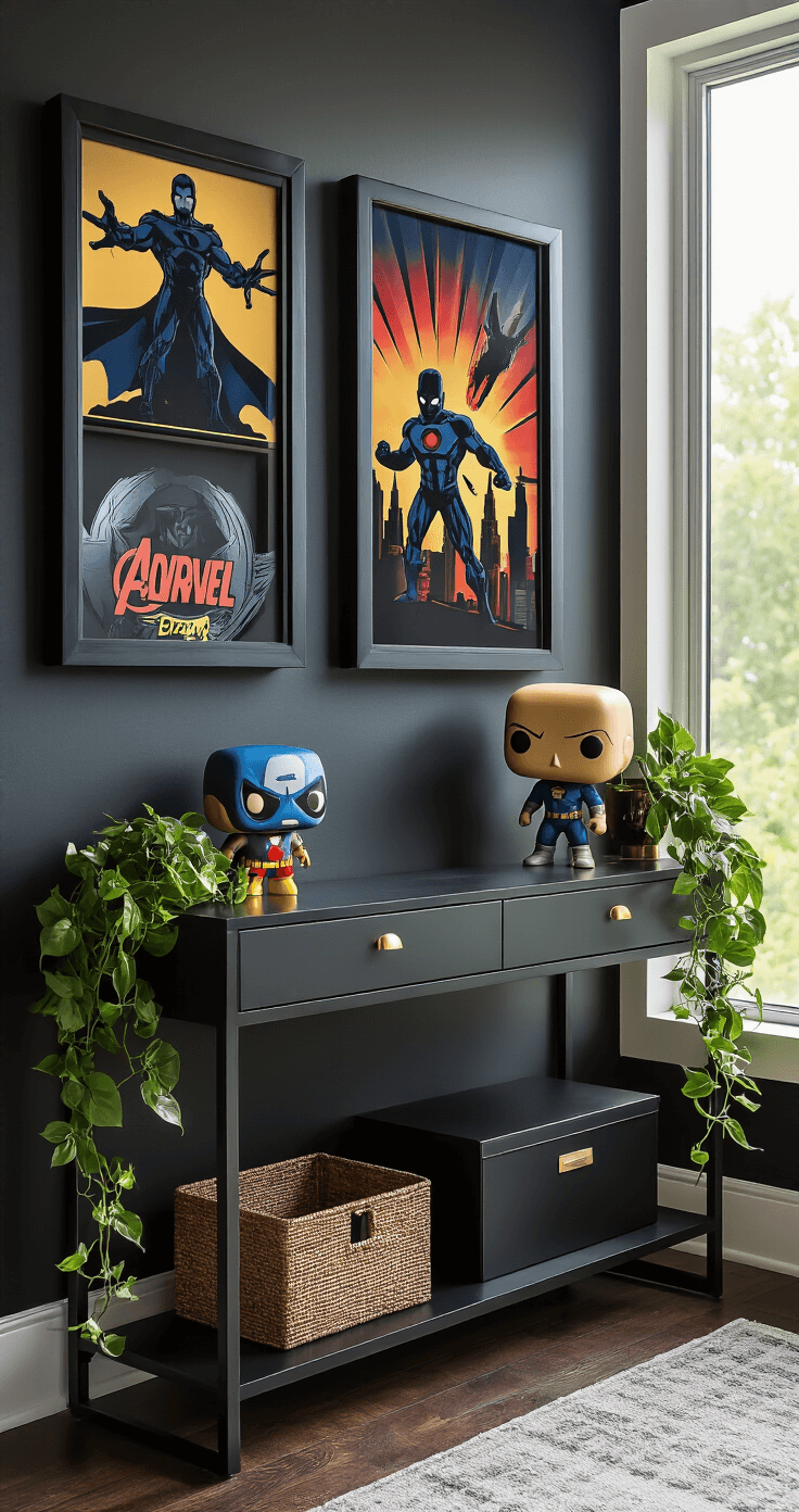 A Marvel-inspired entryway display featuring three collectibles in museum-quality black frames with superhero silhouettes, an asymmetrical vintage Funko POP, and floating metallic-accented picture frames. The sleek modern console table, equipped with hidden storage, is accented by a trailing green plant, all illuminated by bright natural morning light.