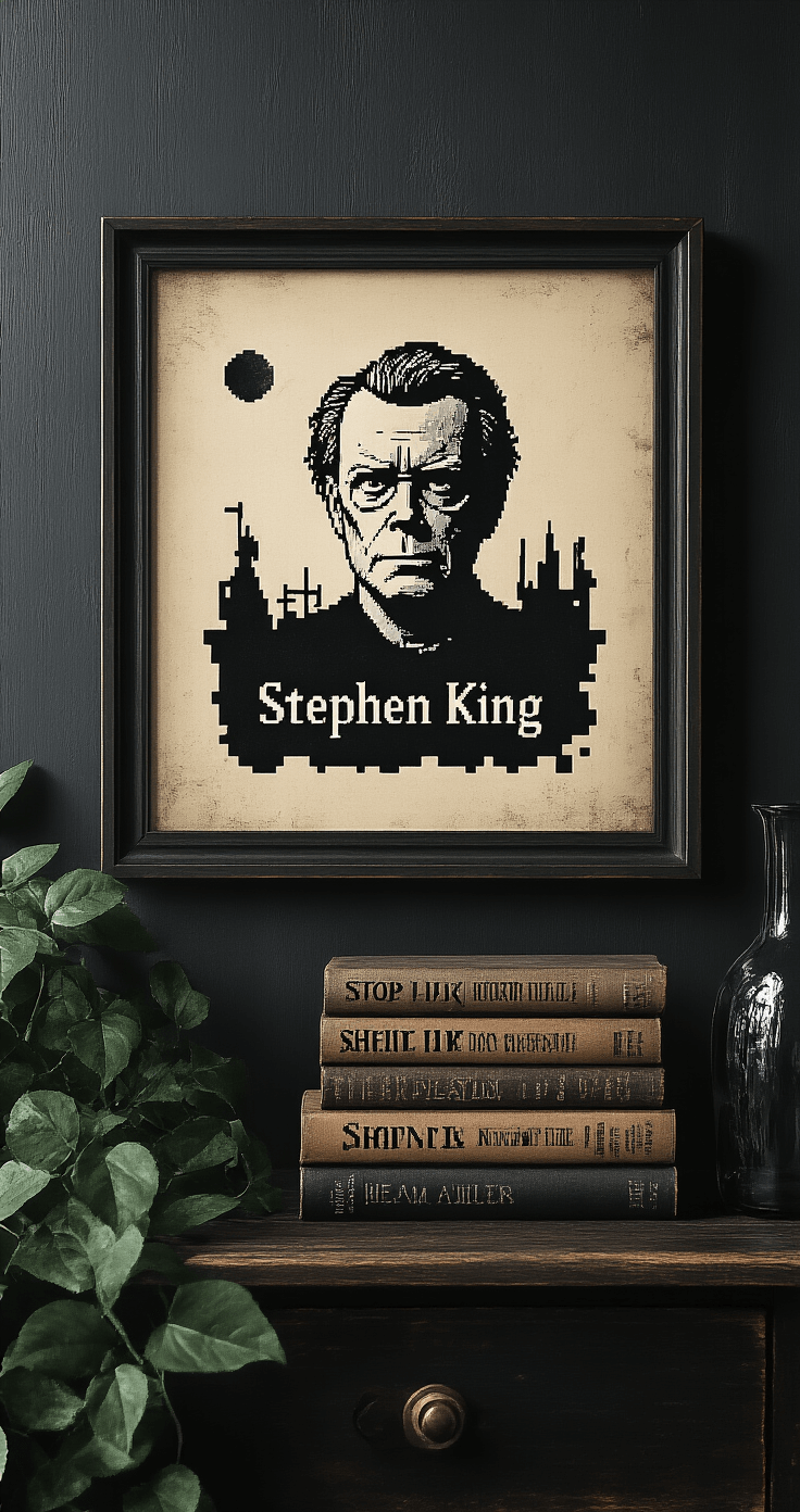 A vintage-inspired horror film display featuring a stack of Stephen King novels with an aged patina, a minimalist pixel art print in a dark frame, a dramatic black and white film still, and a vintage glass vase on a dark wooden surface. A trailing dark green plant adds an organic touch, all set under moody low lighting that enhances the dramatic atmosphere, shot from a slightly off-center angle to emphasize negative space.