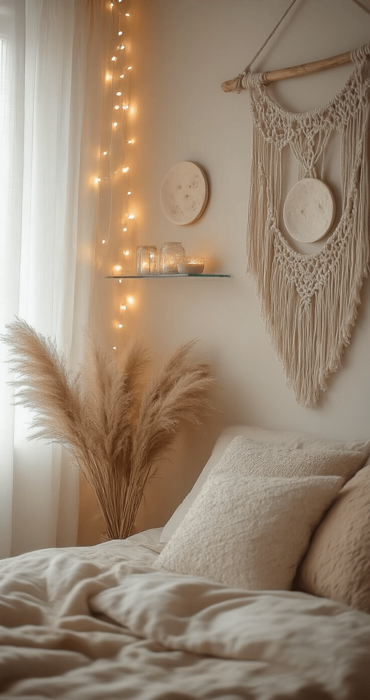 A cozy bohemian bedroom with floating glass shelves adorned with battery-operated warm white fairy lights, macramé wall hangings, dried pampas grass, and ceramic moon phases, all softly illuminated by dawn light filtering through sheer linen curtains, showcasing a muted color palette of dusty rose, sage, and warm ivory.