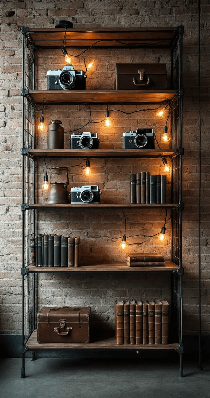 Industrial loft living room featuring a metal shelving unit adorned with vintage cameras and leather-bound travel books, illuminated by flexible wire string lights. Dramatic side lighting casts strong shadows against an exposed brick wall, with a color palette of deep charcoal, burnished copper, and steel blue.