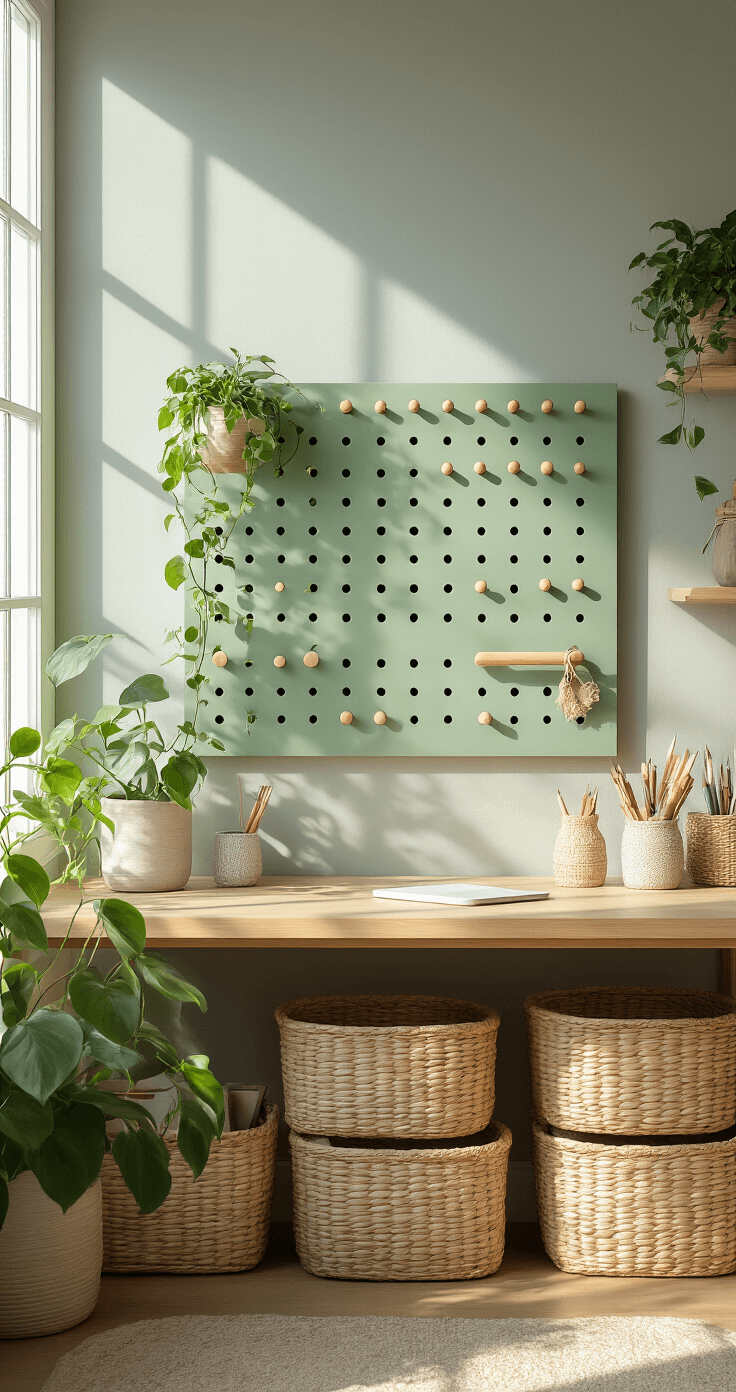 Sunlit modern home office featuring a sage green wooden pegboard on a gray wall, adorned with wooden dowel pegs and brass hooks, along with a trailing pothos plant and craft supplies in woven baskets, all illuminated by soft morning light.