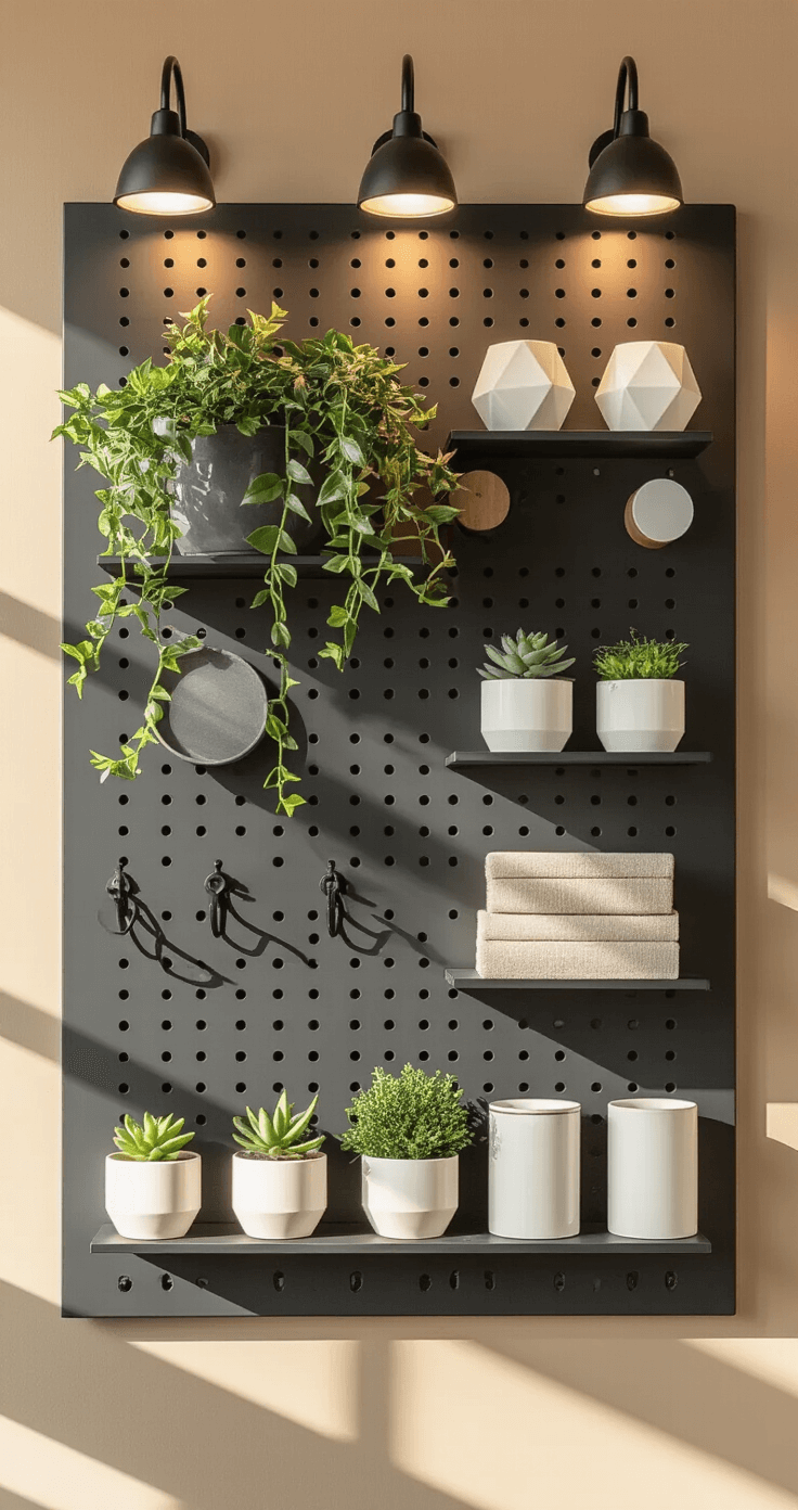 Contemporary home office pegboard in deep charcoal, mounted on a warm taupe wall, featuring battery-operated LED puck lights, geometric accessories, matte black hooks, and white ceramic planters with trailing greenery, all captured in sharp morning light for dramatic shadows and depth.