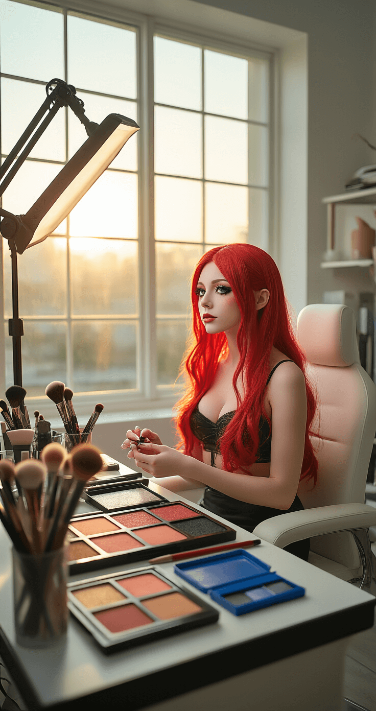 I Kept Getting Asuka's Look Wrong Until I Figured Out These Makeup Tricks A hyper-realistic makeup studio scene during golden hour, featuring a cosplayer with vibrant red hair applying anime-inspired makeup in a sleek white chair, surrounded by professional lighting, high-end brushes, and a carefully arranged makeup station.
