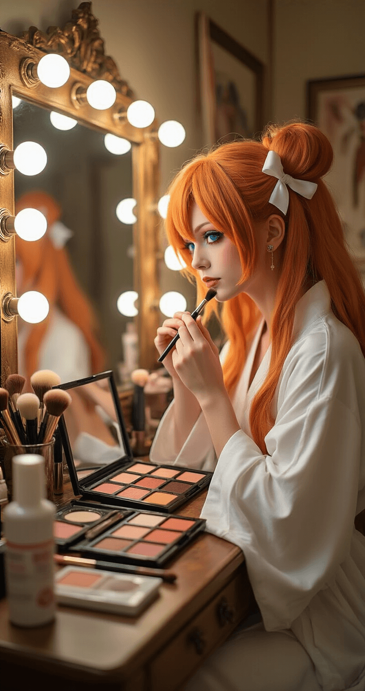 I Kept Getting Asuka's Look Wrong Until I Figured Out These Makeup Tricks A cosplayer in a white robe applies makeup at a vintage vanity, surrounded by organized cosmetics, mirrors, and vintage brushes, creating a warm, intimate atmosphere as she prepares for her Asuka transformation.